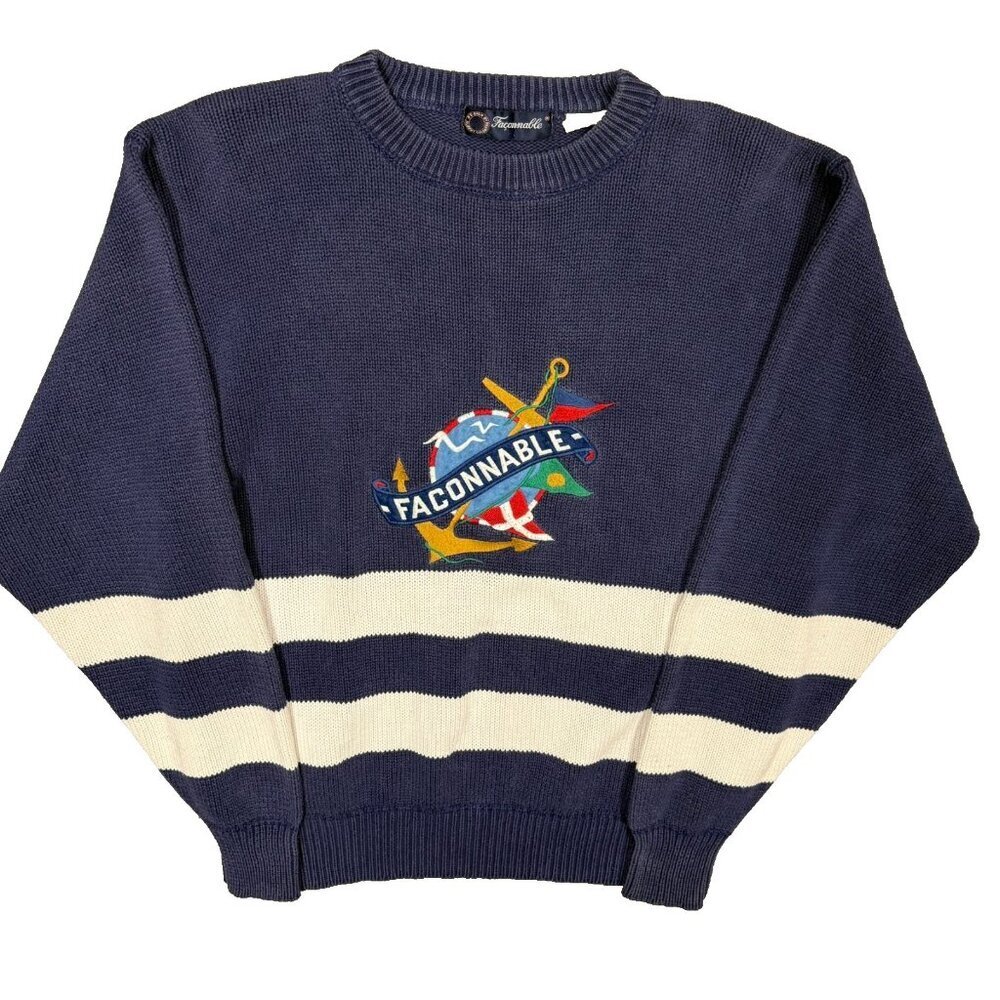 Faconnable Knit Sweater Striped Crewneck 100% Cotton Blue Pullover Small